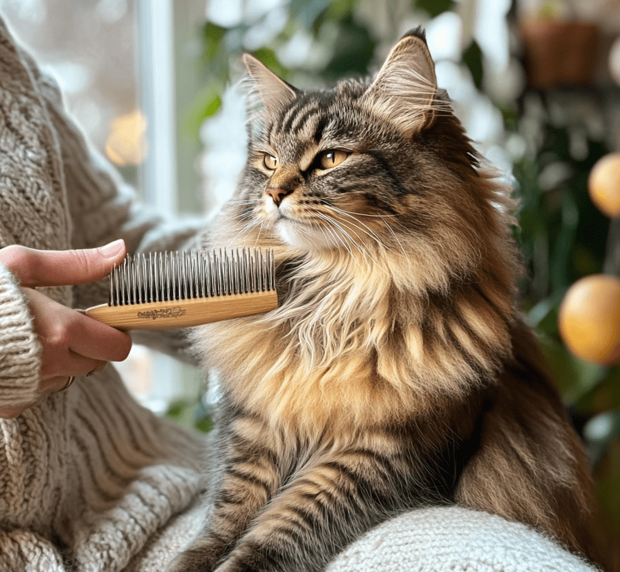 A Maine Coon cat being groomed by a person using a dual-sided metal pin brush. The setting is a cozy indoor environment with warm lighting.
