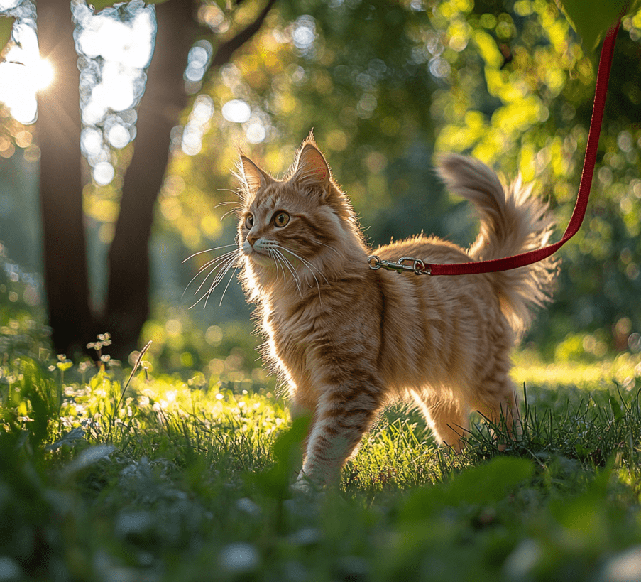 A Maine Coon cat walking on a leash in a park-like setting, showing its playfulness and intelligence.