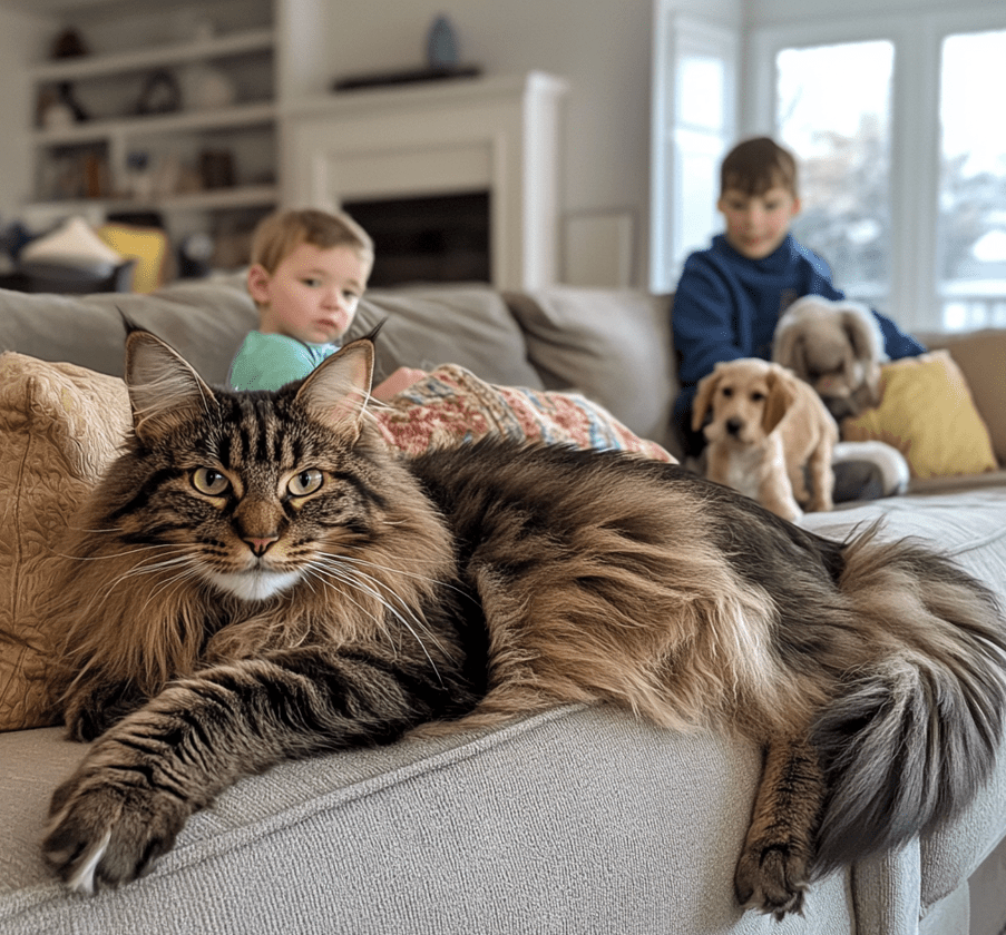 A Maine Coon lounging on a couch with children and a dog nearby, emphasizing the breed's gentle and social nature.
