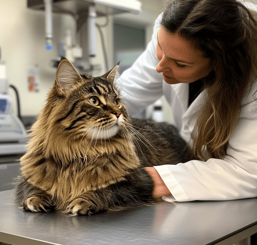 A veterinarian examining a Maine Coon cat on a clinic table, with genetic testing tools visible in the background.
