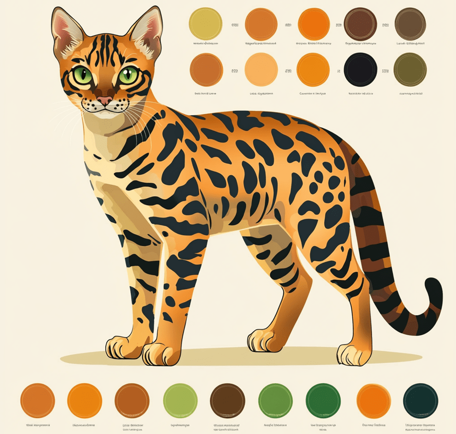 A graphic showing the Bengal cat's main characteristics, such as temperament, coat pattern, and lifespan.
