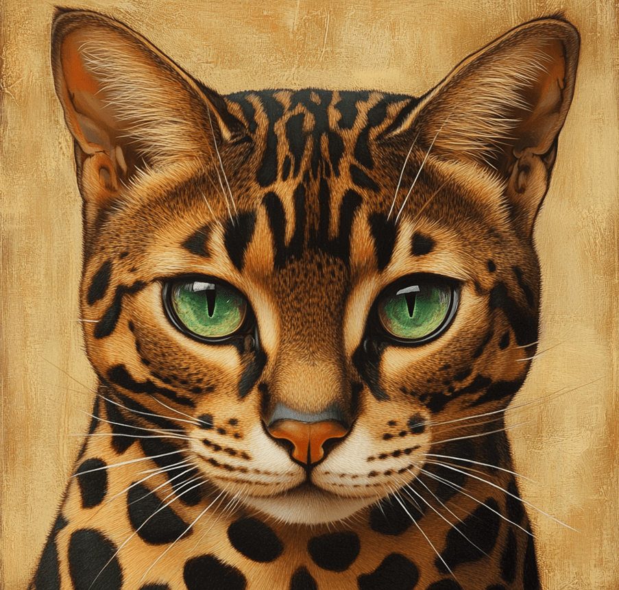 A close-up of a Bengal cat’s coat pattern and green eyes.
