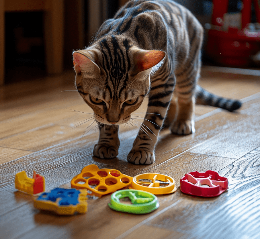 A Bengal cat playing with a puzzle feeder.
