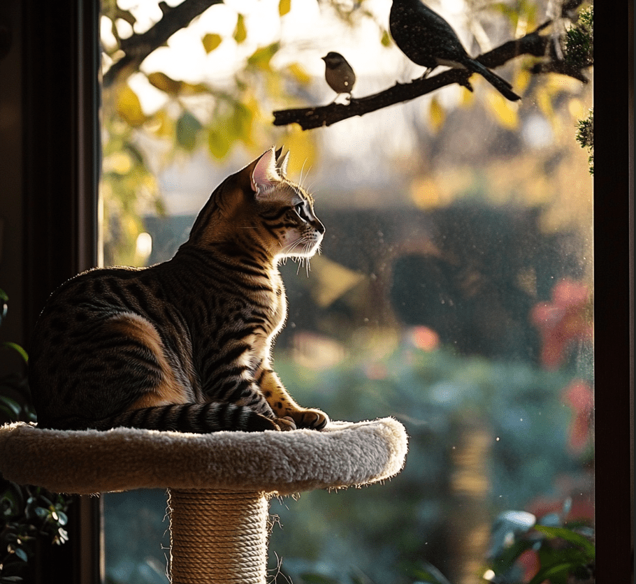 A Bengal cat lounging on a cat tree by a window.
