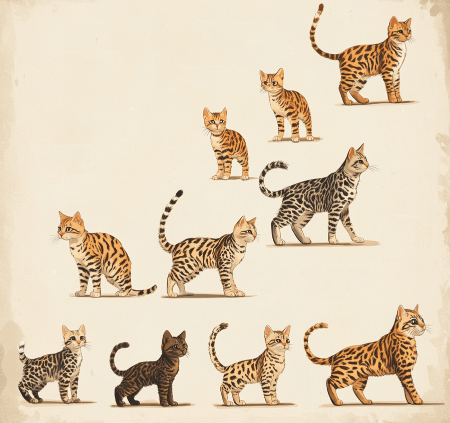 A historical timeline showing the evolution of Bengal cats from wild leopard cats to domesticated pets.
