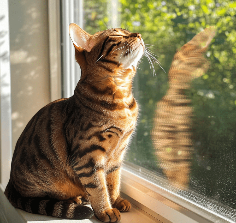 A Bengal cat grooming itself near a window with natural light, emphasizing its low-maintenance, glossy coat. 