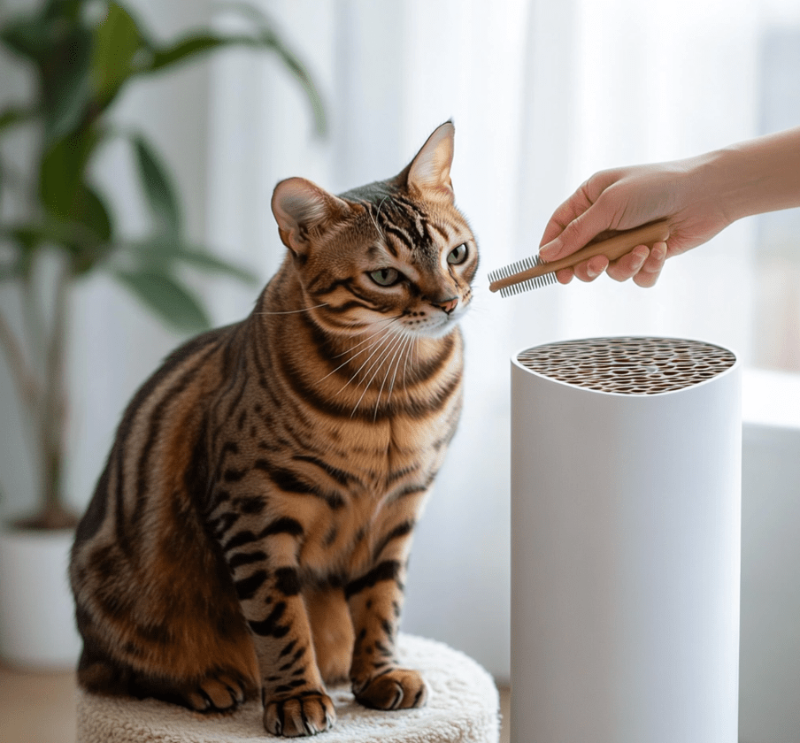 A person brushing a Bengal cat with a soft grooming brush, while the cat sits on a scratch post. A HEPA air filter can be seen in the background. 