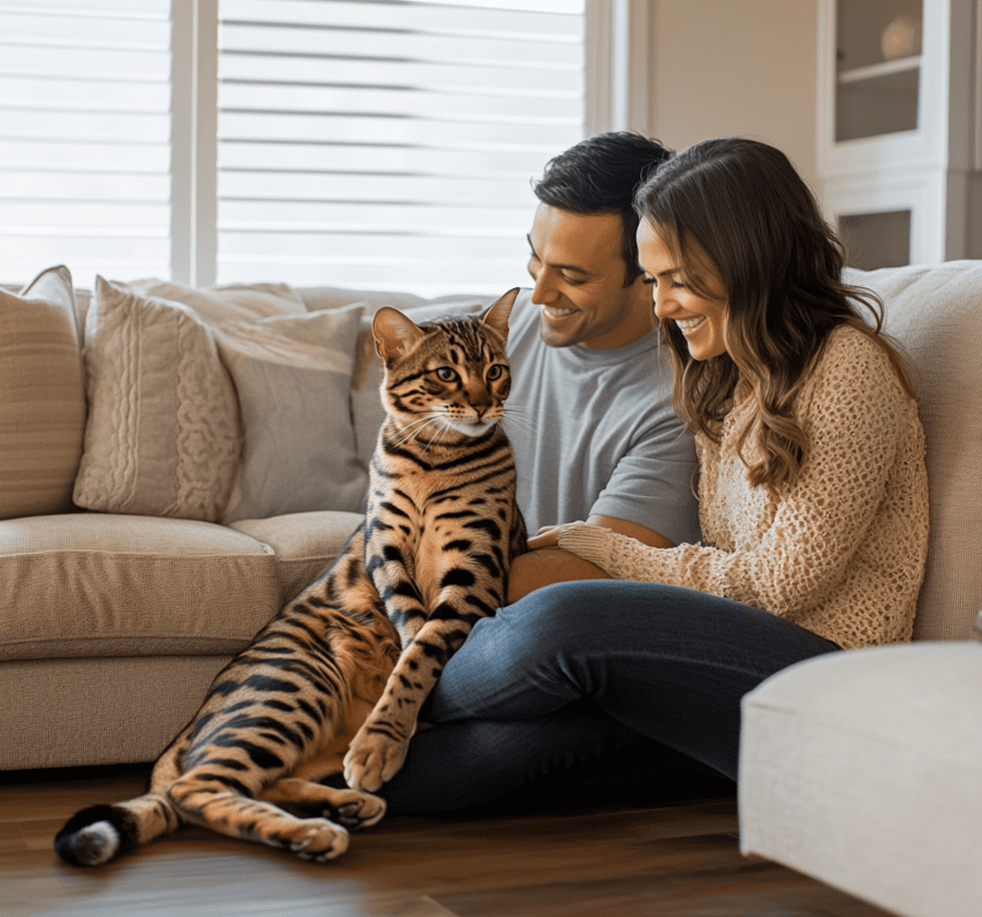  A family sitting on a couch with a Bengal cat, smiling and interacting with it. The room should appear allergy-friendly, with hardwood floors and minimal fabric furnishings. 