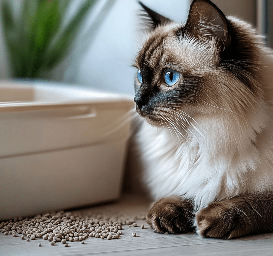 A Ragdoll cat with a close-up of its paws showing small clumps of clay litter sticking to the fur.
