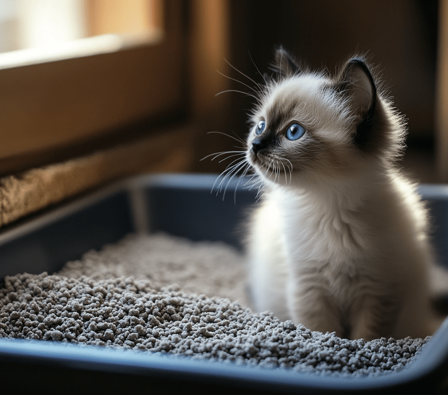 A dusty litter box filled with non-clumping clay litter, with a small Ragdoll kitten sitting nearby looking curious.
