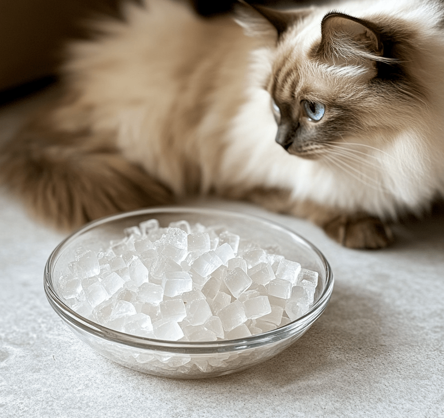  A bowl of silica gel crystals with a Ragdoll cat looking at it curiously.
