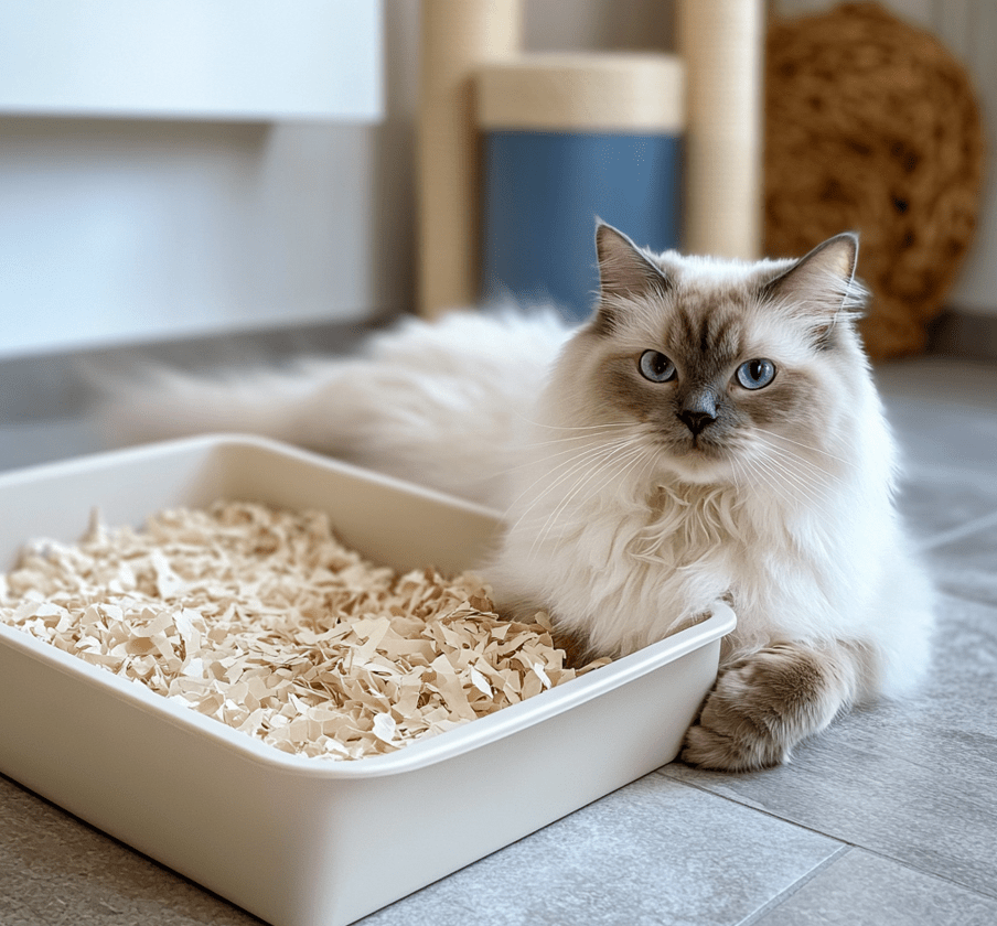 A litter box with shredded paper litter, with a senior Ragdoll cat lying peacefully next to it.
