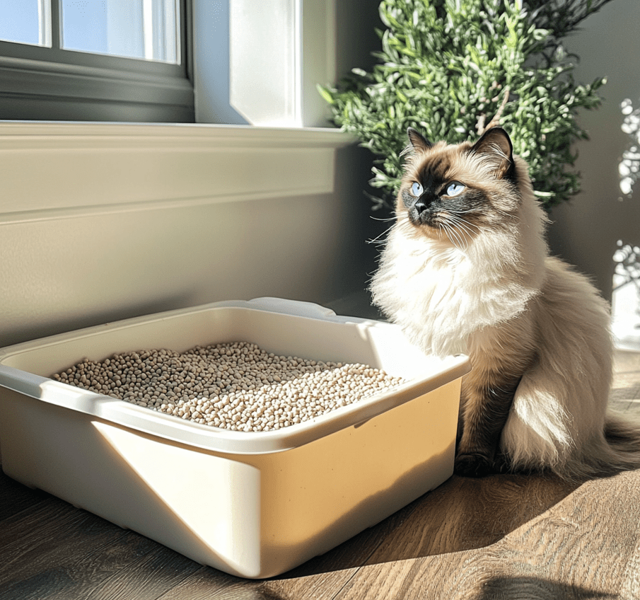 A litter box filled with wood pellet litter, with a Ragdoll cat happily playing nearby.
