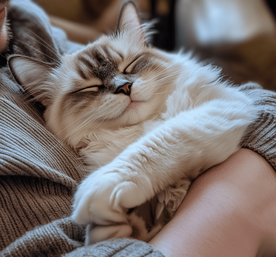 A Ragdoll cat lying limply in a person's arms, relaxed and comfortable.