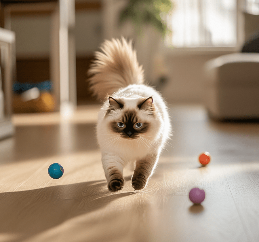 A Ragdoll cat following its owner around the house or playing fetch. 