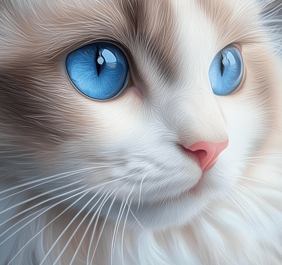 A close-up of a Ragdoll's face, highlighting its deep blue eyes and soft fur.