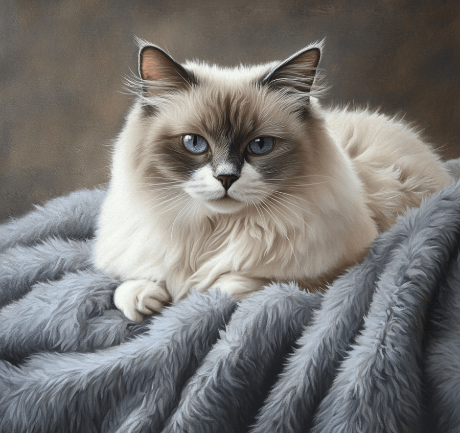 A senior Ragdoll cat resting peacefully on a soft blanket, exuding a calm and happy demeanor. 