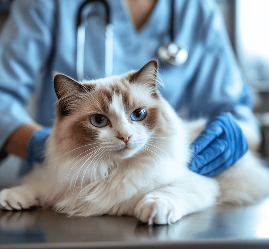 A veterinarian examining a Ragdoll cat in a clinic. 