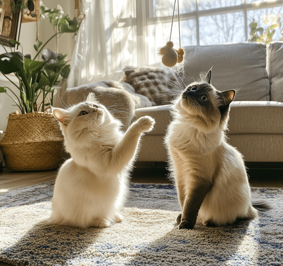 Two Ragdoll cats sitting together or playing to represent companionship. 