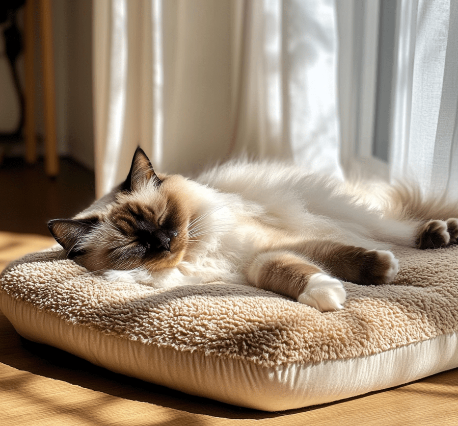 A large adult Ragdoll cat lounging on a big cat bed.
