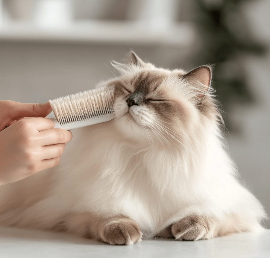 A person brushing a Ragdoll cat with a grooming brush.
