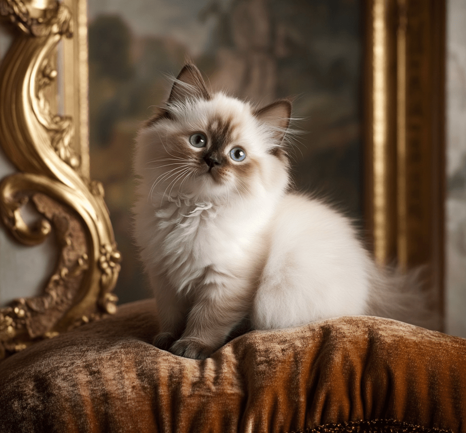 A Ragdoll kitten in a luxurious setting, emphasizing its premium nature.
