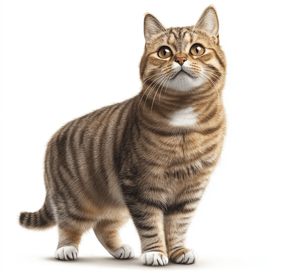 A Domestic Shorthair cat standing or sitting in a way that shows off its muscular body structure. 
