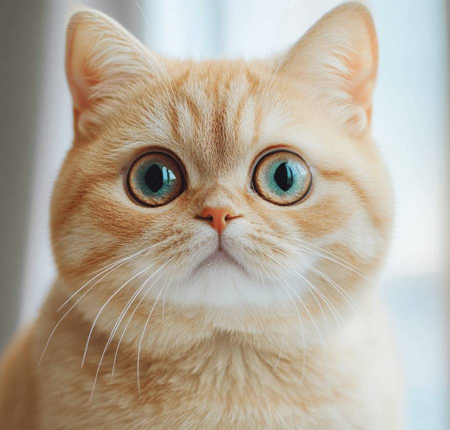 A close-up image of the face of a Domestic Shorthair cat with a round head. 