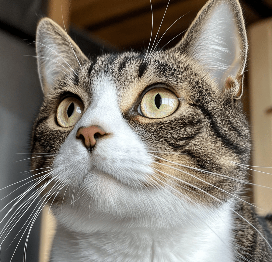 A close-up of the eyes of a Domestic Shorthair cat with different eye colors .