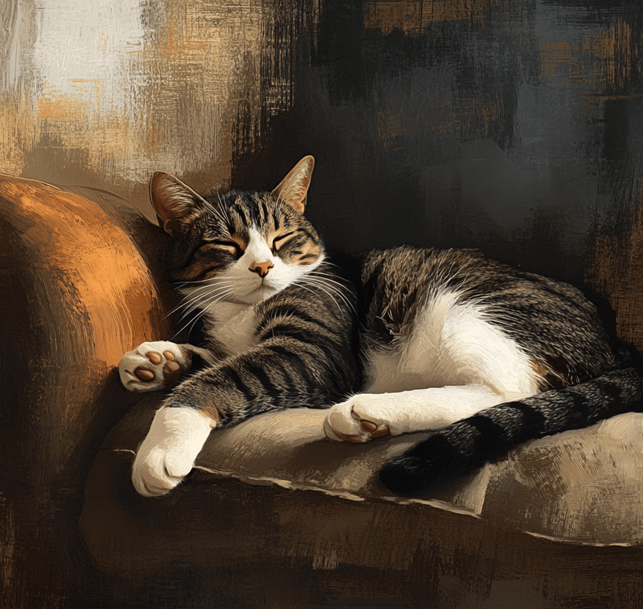 A Domestic Shorthair cat in a cozy apartment or small space, adjusting comfortably.
