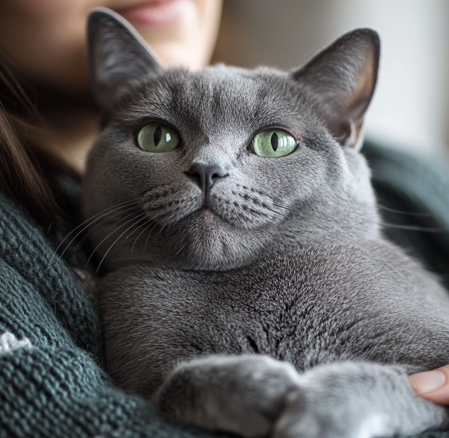 A Russian Blue cat being petted or interacting with a person, showcasing its calm demeanor.