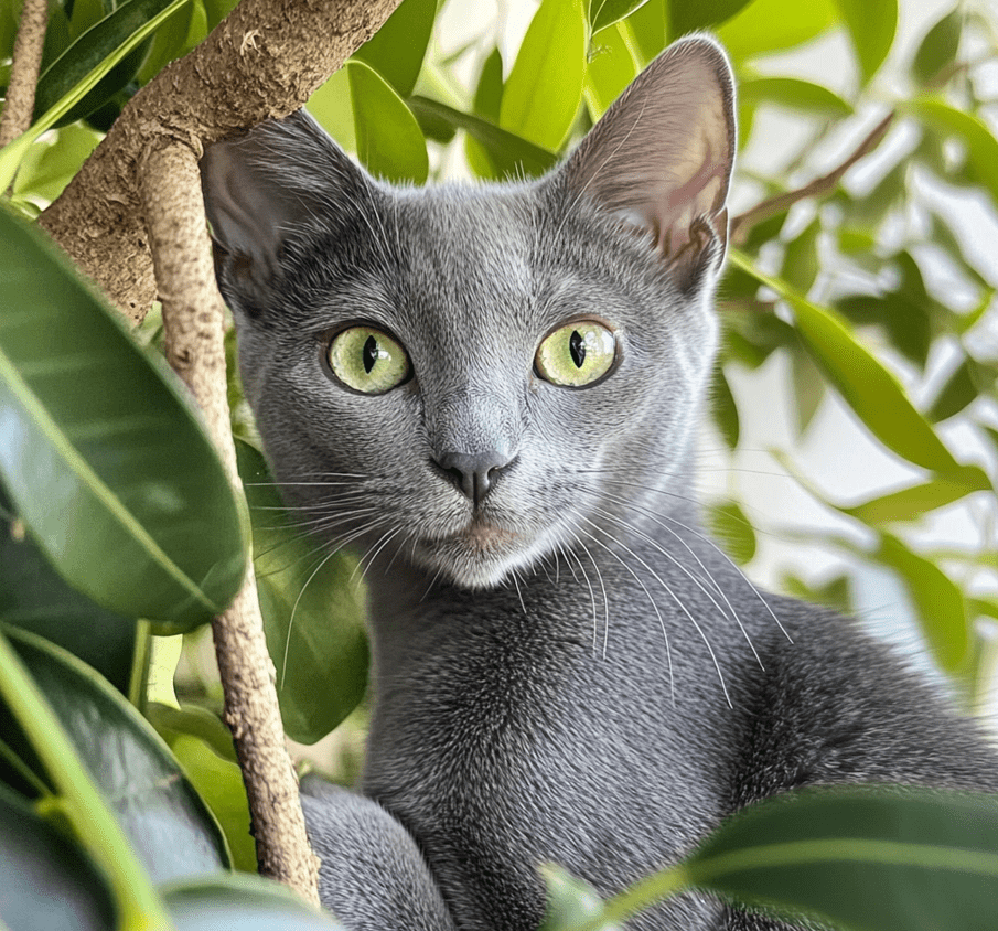 A playful, photogenic Russian Blue cat on a social media-like setting 