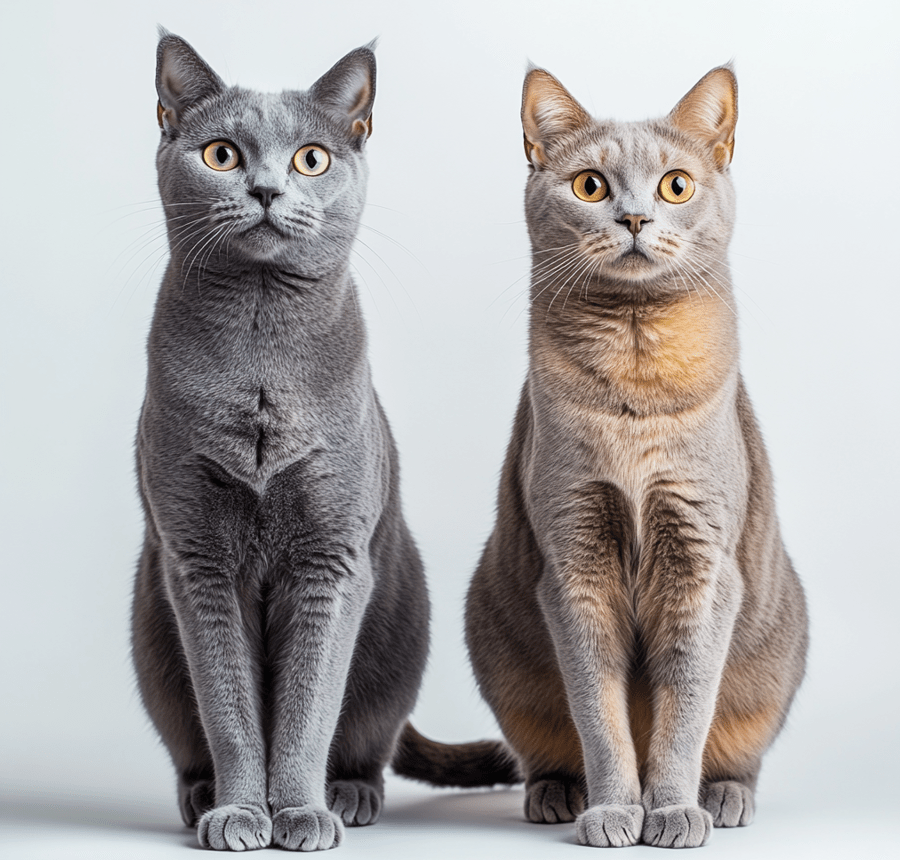 A full-body shot of both a Russian Blue and a Domestic Shorthair cat showing off their physical differences.