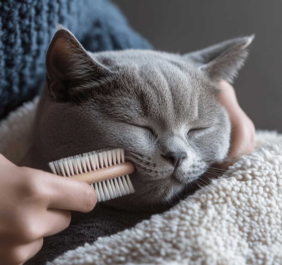 A Russian Blue cat being brushed, highlighting its easy grooming routine.