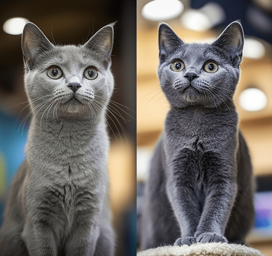 A comparison image showing a Russian Blue cat in a pet store and a Domestic Shorthair cat in a shelter setting. 