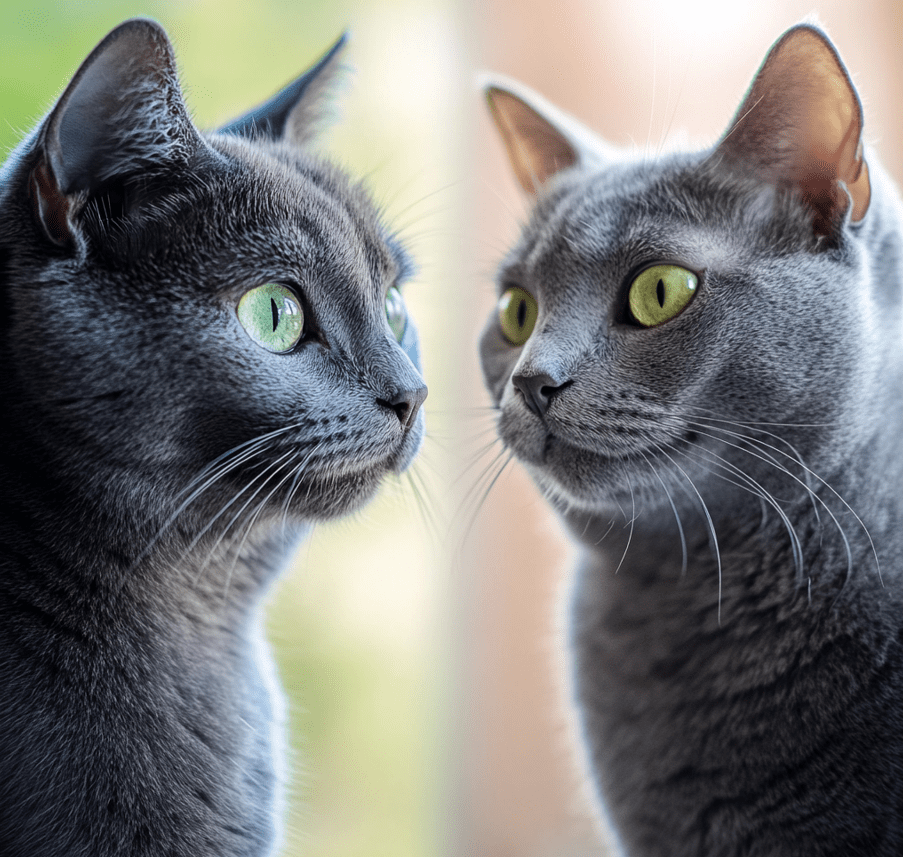 A healthy, happy Russian Blue and Domestic Shorthair cat side by side, showing them thriving in their environment. 