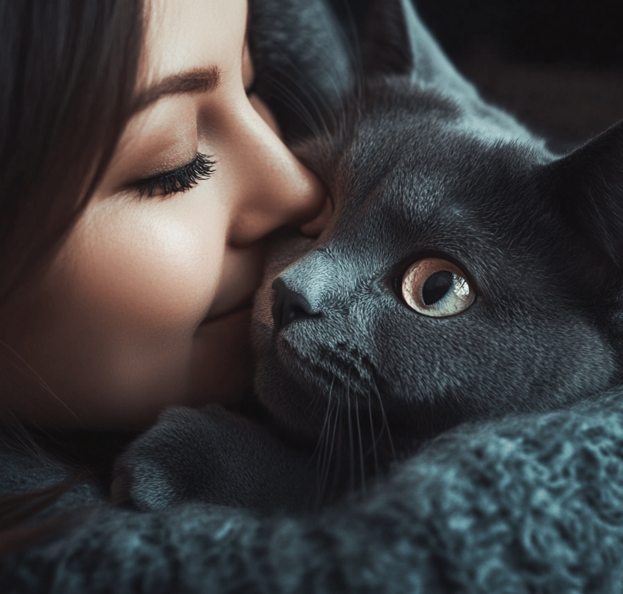 A family or individuals happily interacting with both a Russian Blue and a Domestic Shorthair cat.