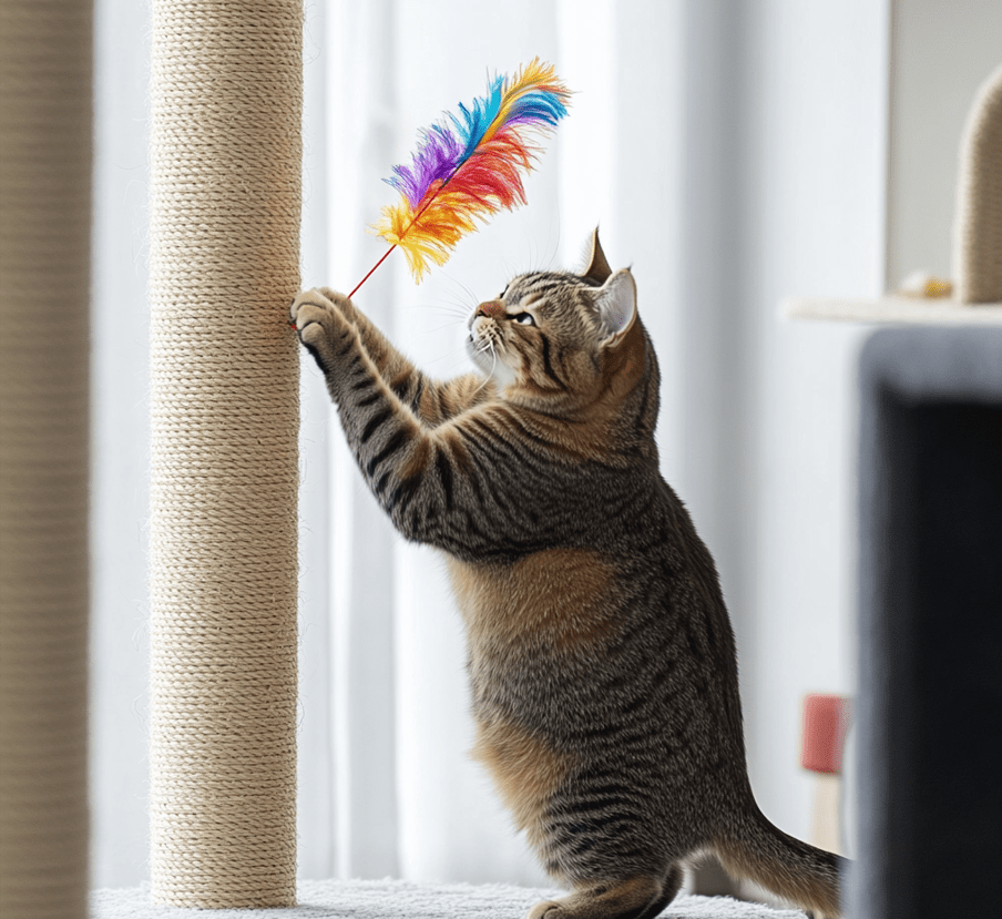 Domestic Shorthair playing with interactive toys like a wand toy or puzzle feeder.
