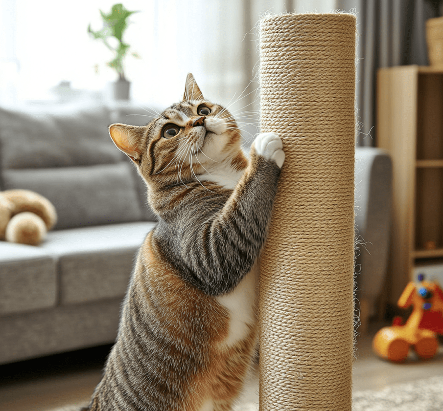 A calm Domestic Shorthair using a scratching post, demonstrating good behavior.
