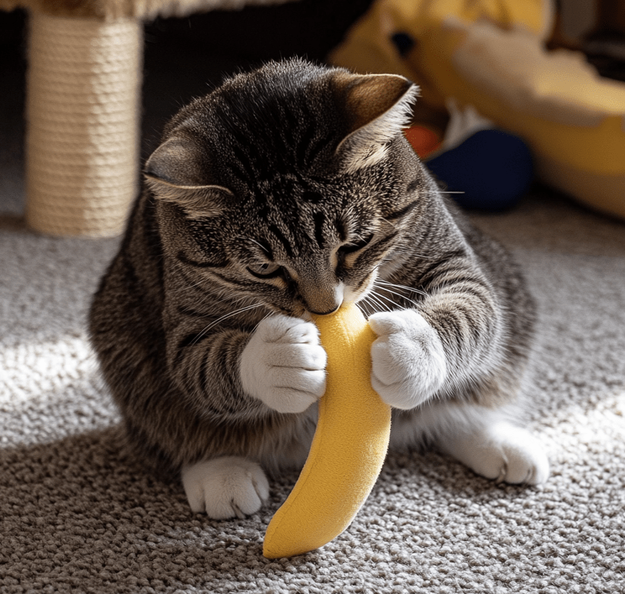 A Domestic Shorthair engaging in the "predatory sequence" with a stuffed toy.
