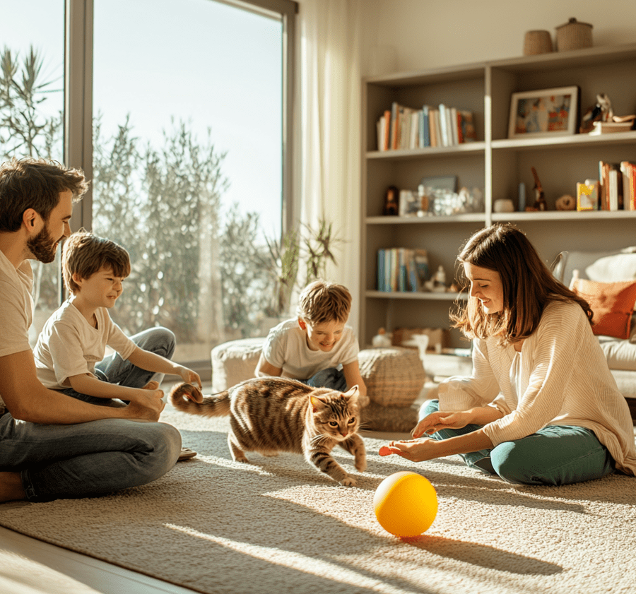 A family interacting with a Domestic Shorthair in their living room.
