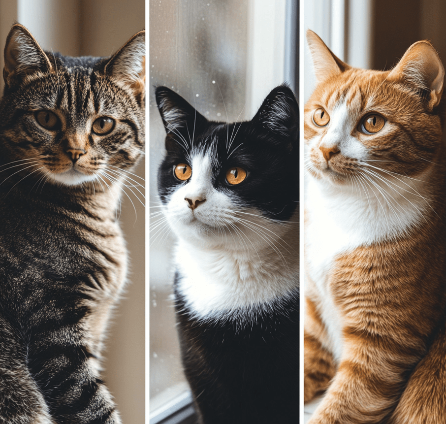 A collage-style image showing the diversity of Domestic Shorthair cats in terms of coat patterns and colors.
