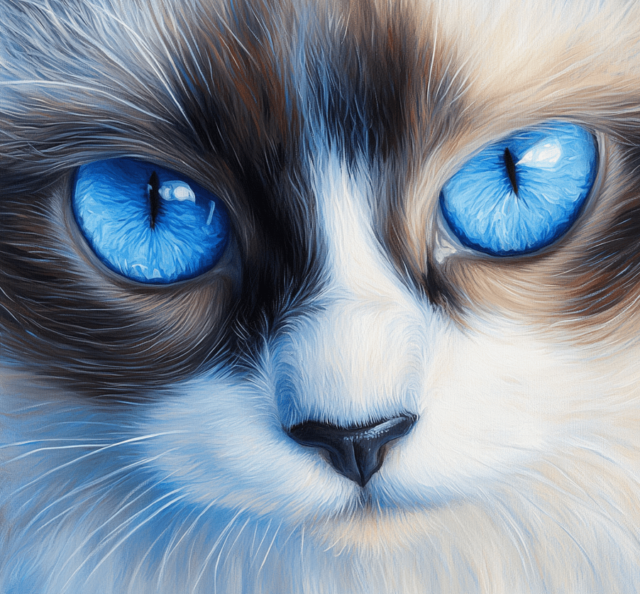 A close-up of a Ragdoll’s face highlighting its vibrant blue eyes.