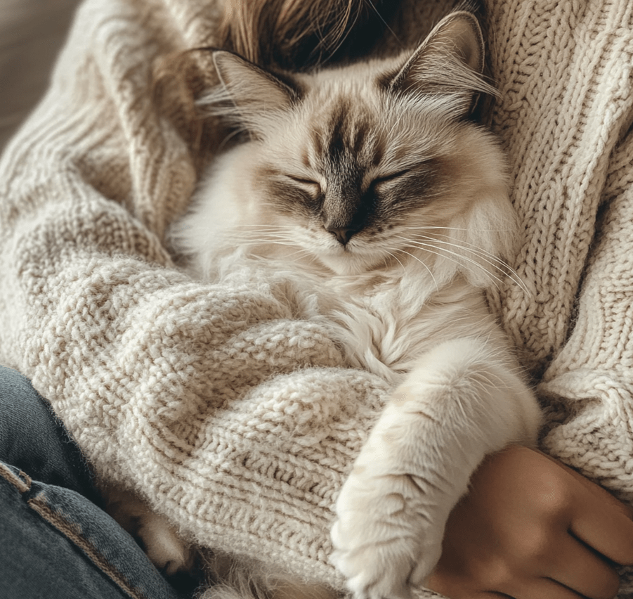 A Ragdoll cat lying on its owner's lap, looking relaxed and cozy.