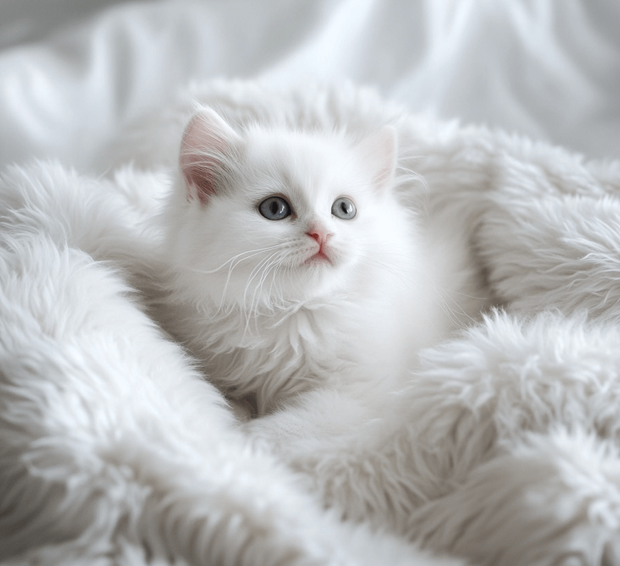 A young Ragdoll kitten, completely white, lying on a soft blanket. 