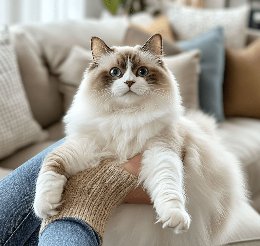  A person holding a Ragdoll cat, which is relaxed and limp in their arms. 