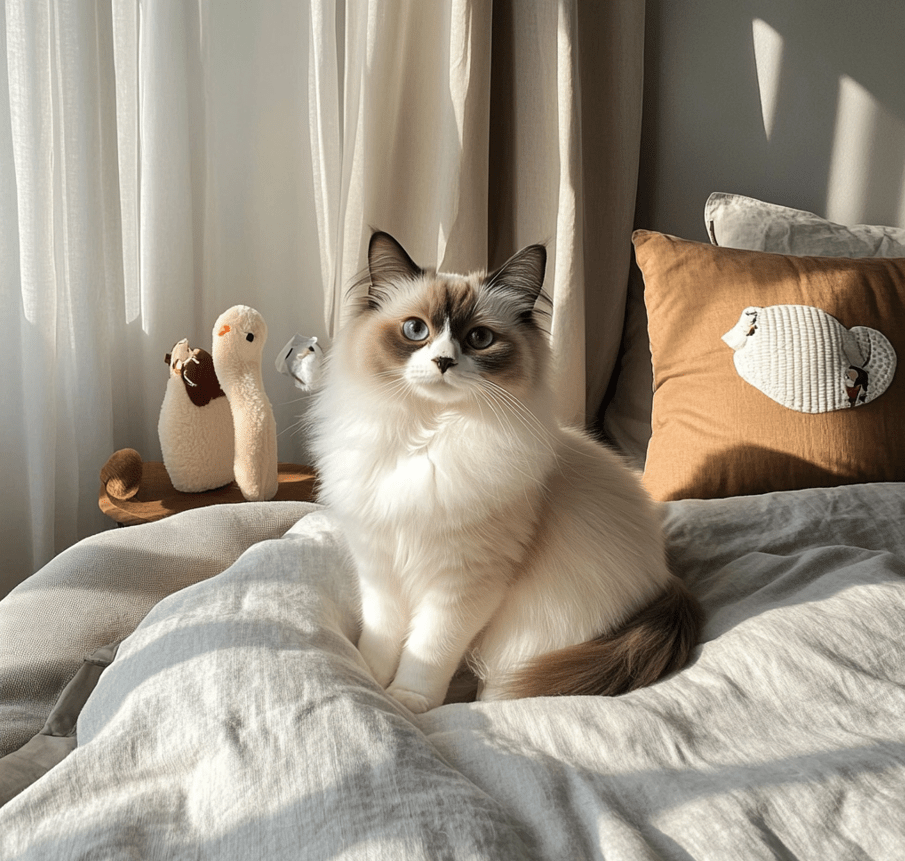 A playful depiction of a Ragdoll cat named Benjamin Button on a cozy bed, resembling a celebrity pet.