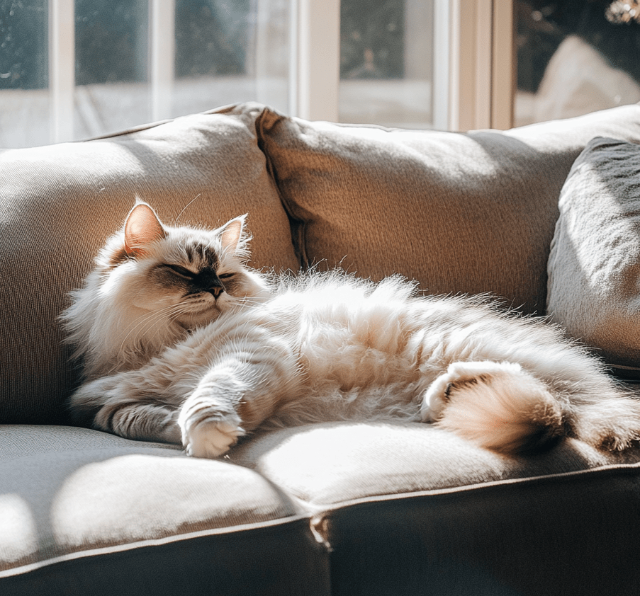 A full-grown Ragdoll cat lying on a large couch, showcasing its size and luxurious fur. 