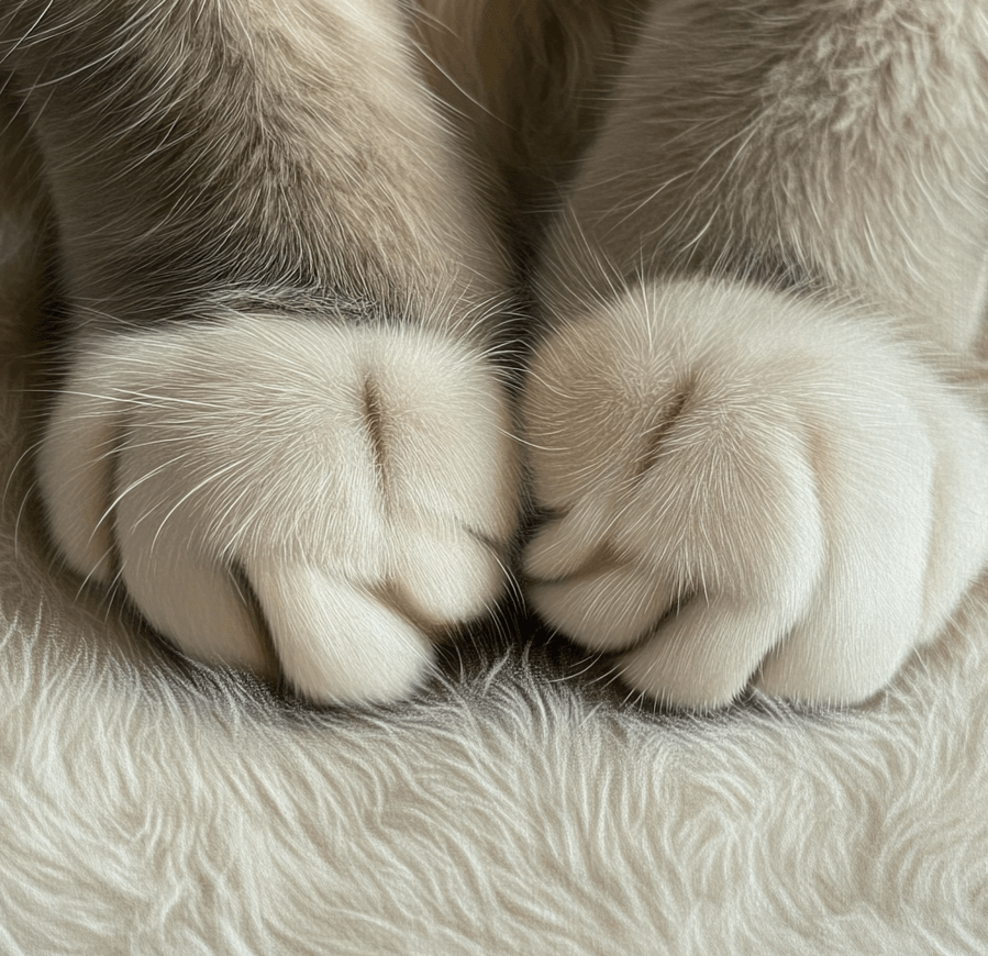 A close-up of a Ragdoll cat’s paws with fur tufts between the toes. 