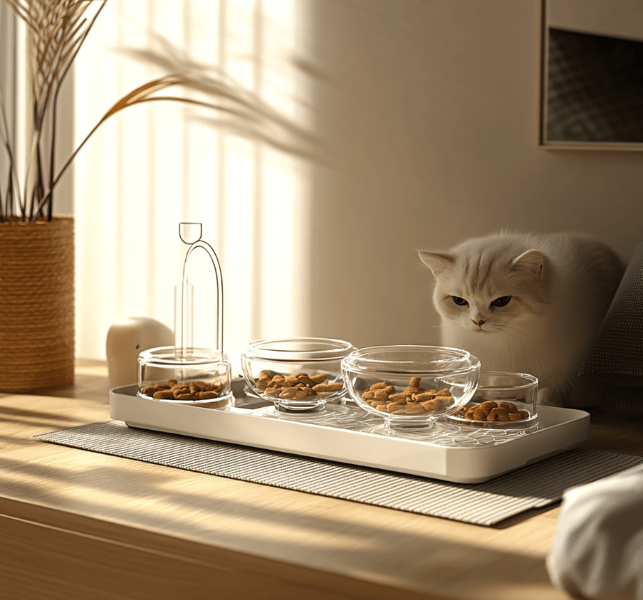 A set of wide, shallow glass food and water bowls placed neatly on a mat. Fresh food is in one bowl, and clean water is in another, with a small decorative fountain nearby.
